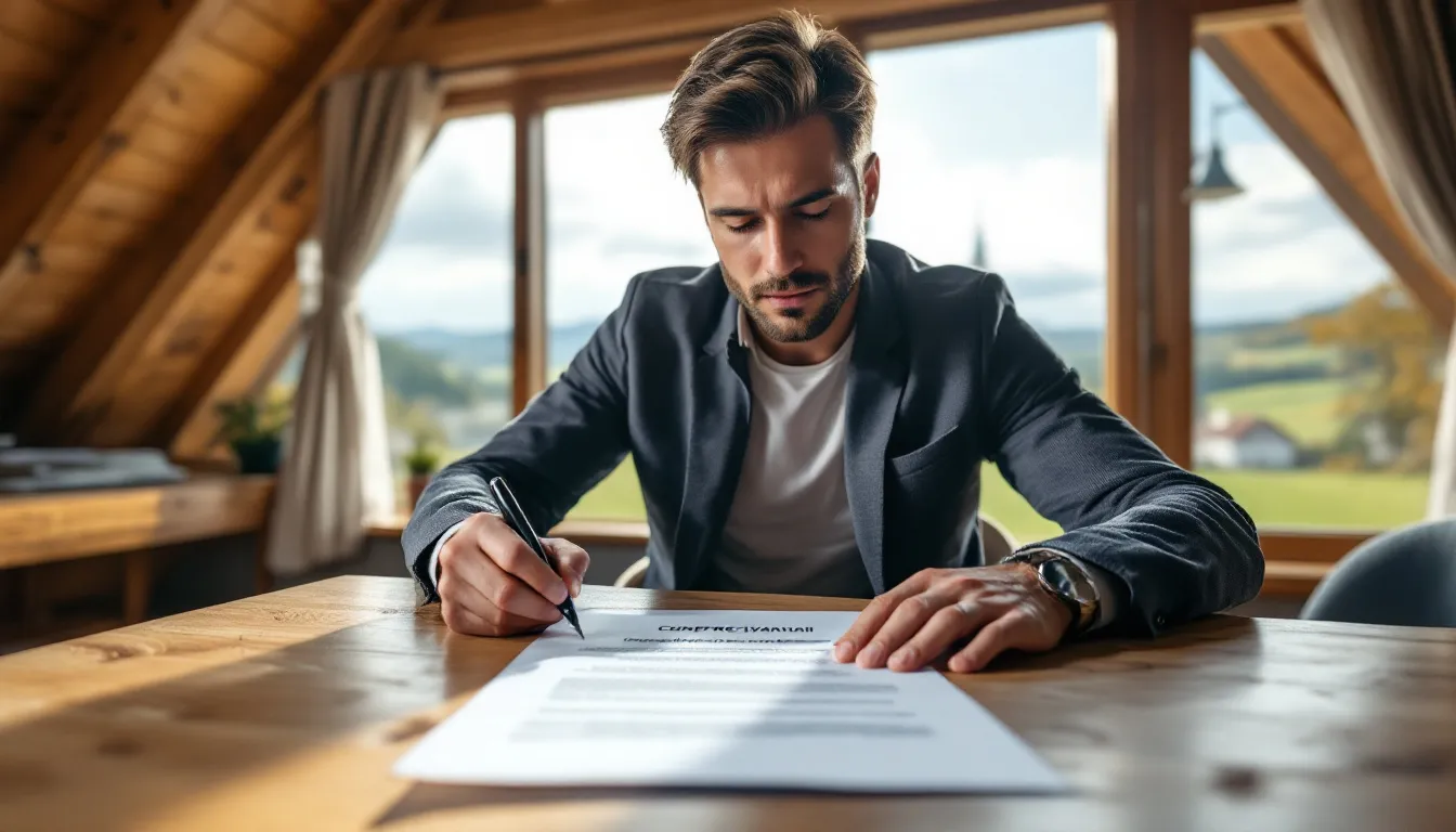 A person signing a property purchase agreement in Poland.
