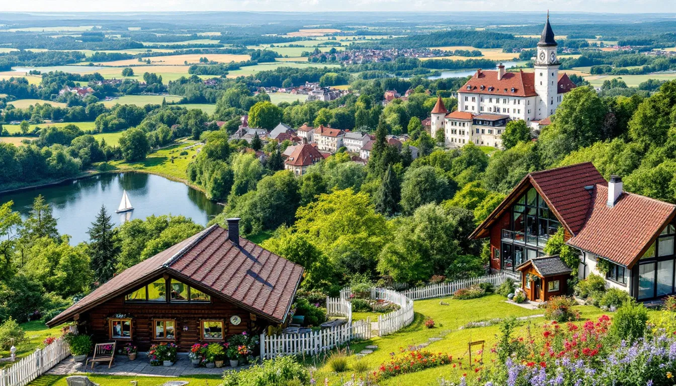 A scenic view of Polish real estate, showcasing various properties available for purchase.