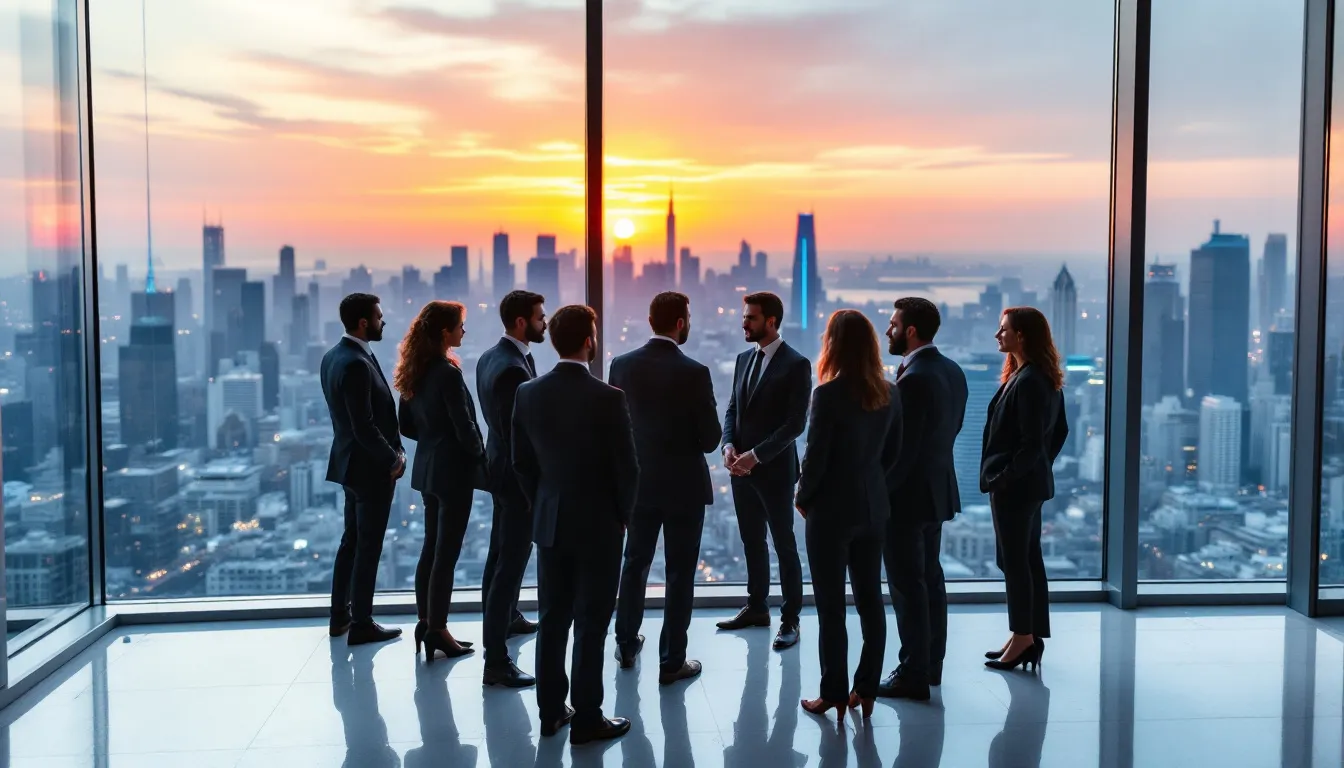 A group of professional real estate agents discussing property listings.